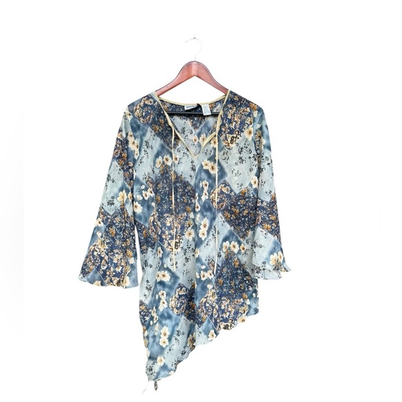 Vintage Y2K Blue Cream Bell Slvs Floral Asymmetrical Sheer Blouse 1X Fairy Boho - Picture 1 of 8